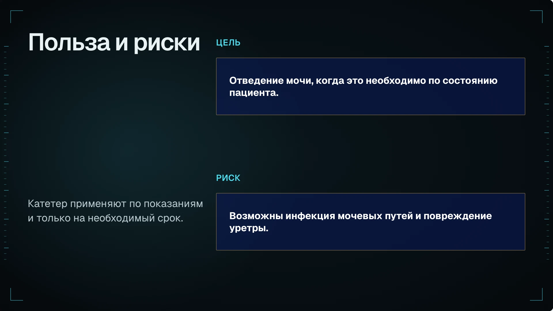Слайд 4: Польза и риски. Отведение мочи по показаниям сопоставлено с риском инфекции и травмы; применение ограничивают необходимым сроком.