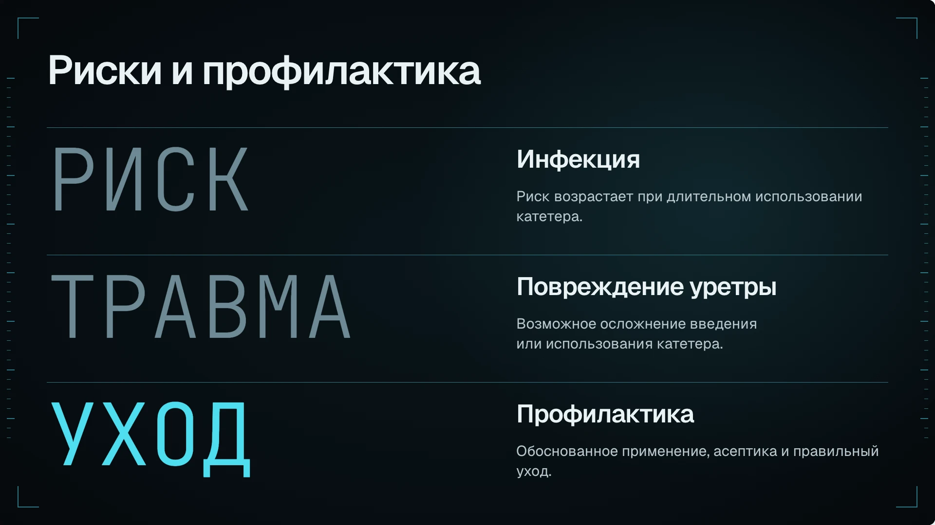 Слайд 5: Риски и профилактика. Инфекция, повреждение уретры и основные принципы профилактики осложнений.