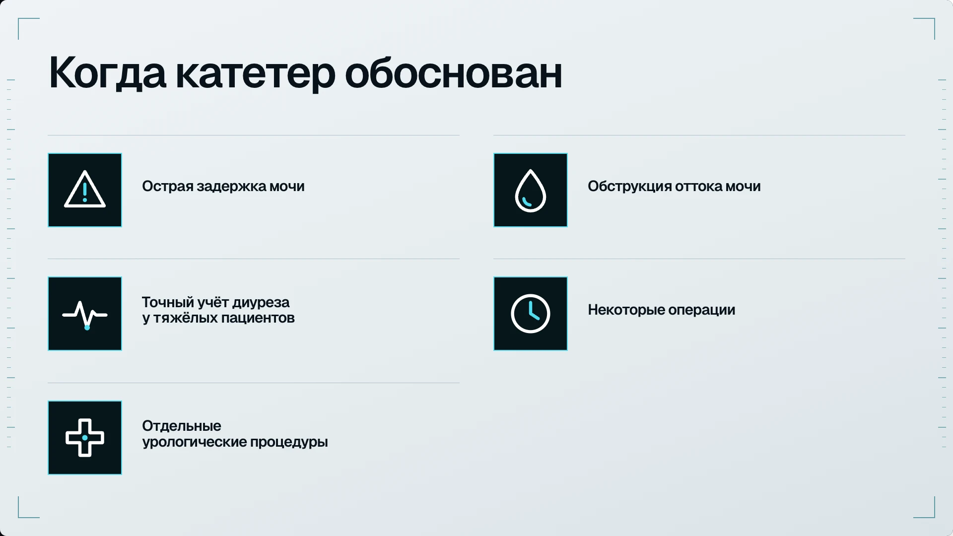 Слайд 6: Когда катетер обоснован. Примеры обоснованного применения: задержка мочи, обструкция, отдельные операции и процедуры, точный учёт диуреза у тяжёлых пациентов.