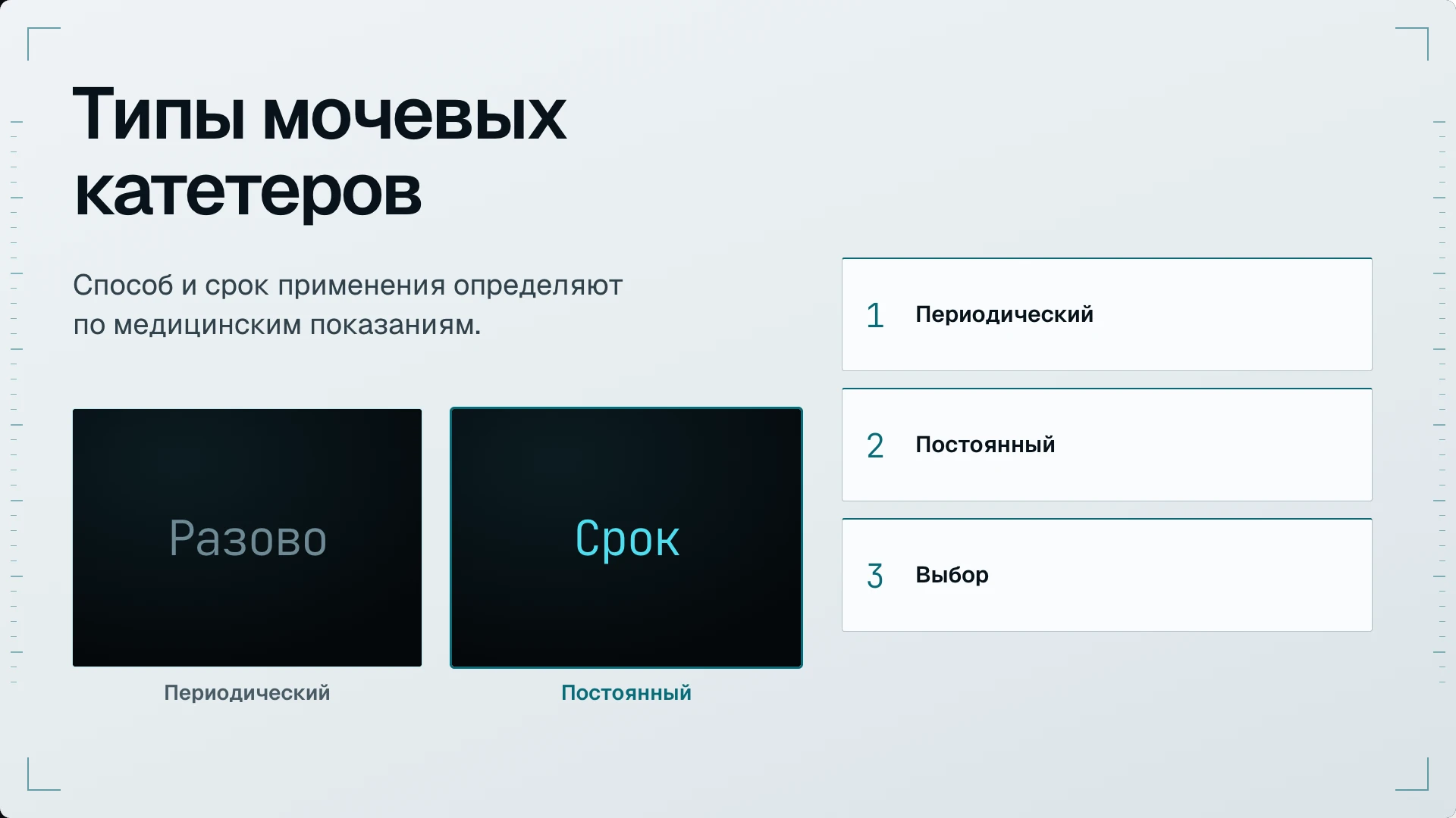 Слайд 8: Типы мочевых катетеров. Периодический катетер удаляют после опорожнения пузыря; постоянный оставляют на необходимый срок.