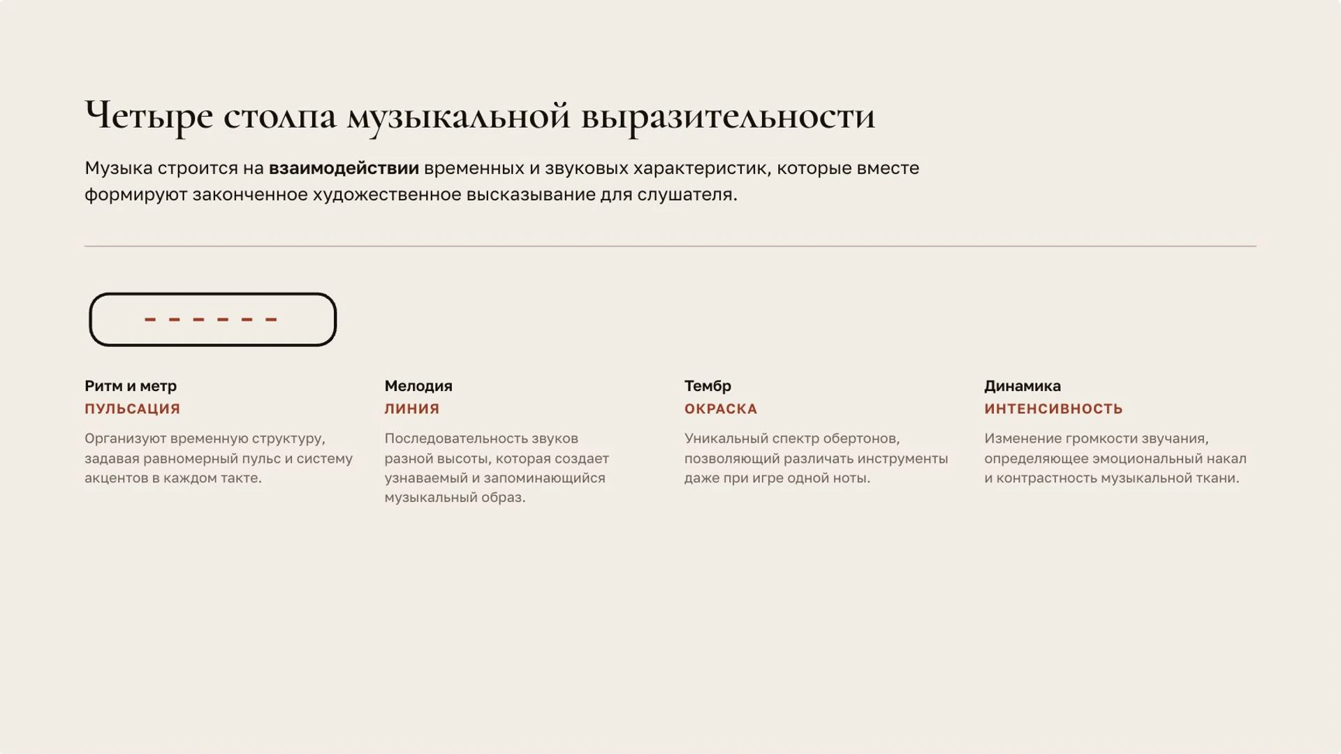 Слайд 2 «Четыре столпа музыкальной выразительности» из презентации «Музыкальная речь: ритм, мелодия и тембр».