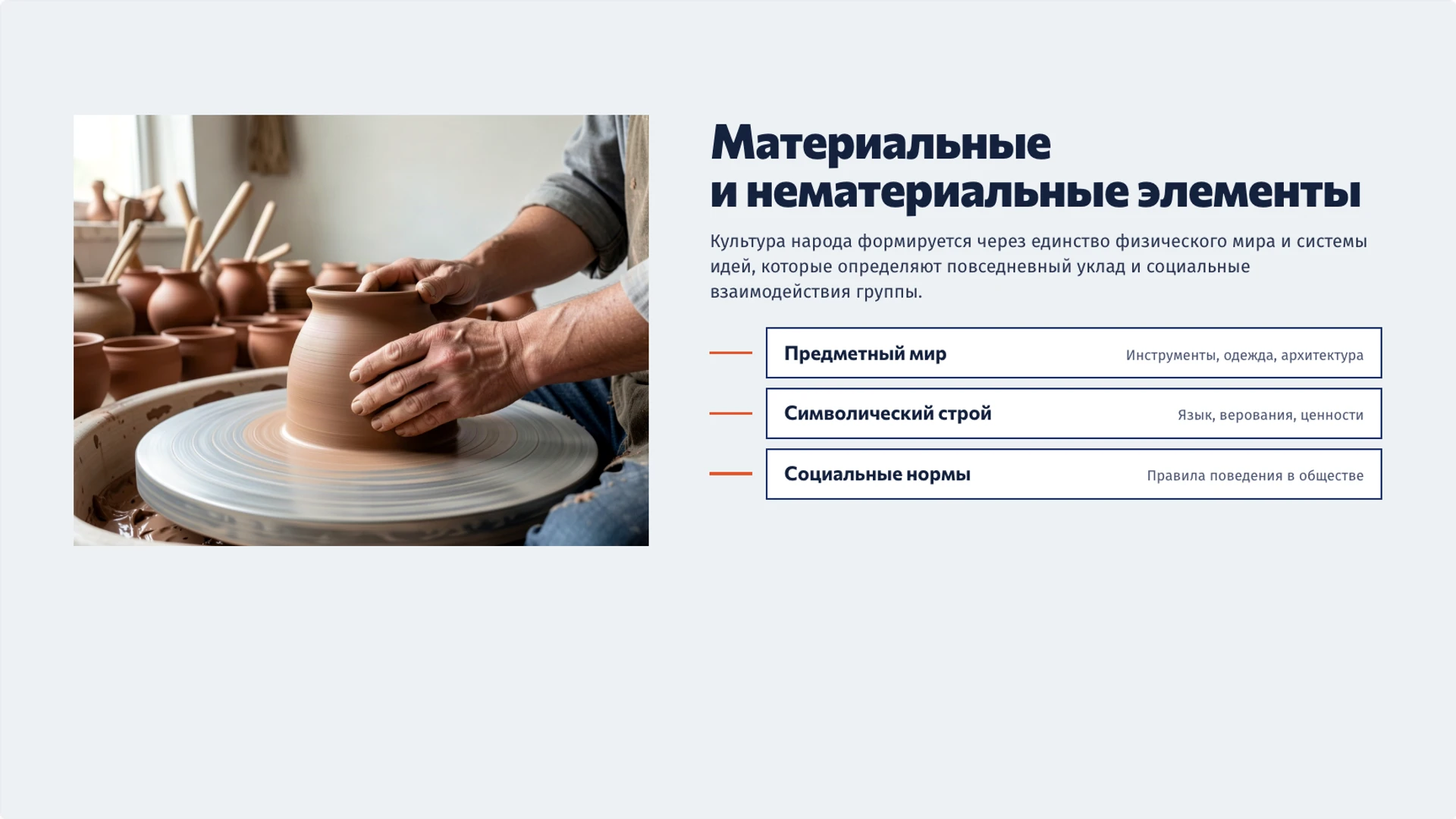 Слайд 3 «Материальные и нематериальные элементы» из презентации «Культура народа: язык, традиции и изменения».