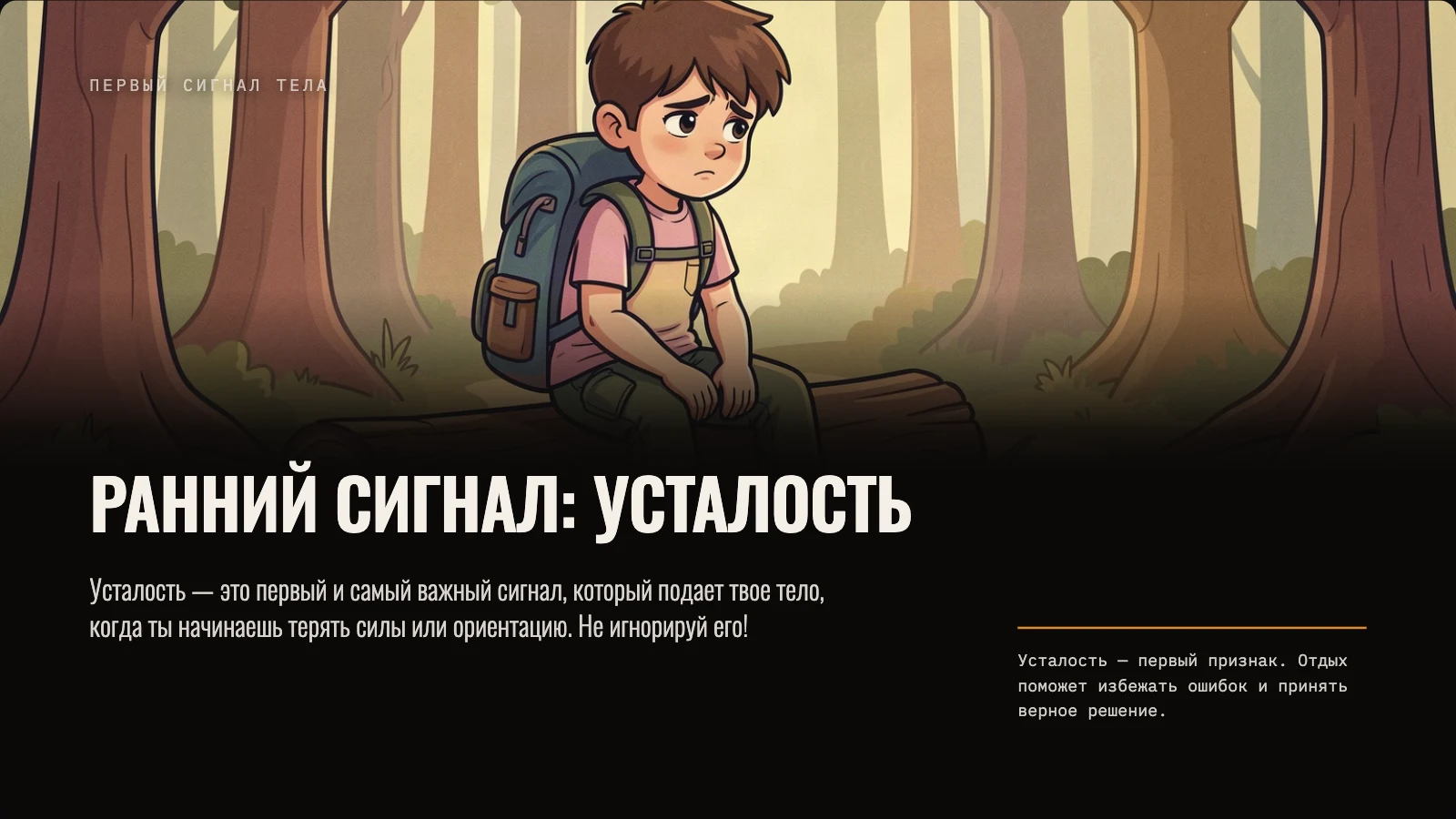 Уставший мальчик с рюкзаком сидит в лесу