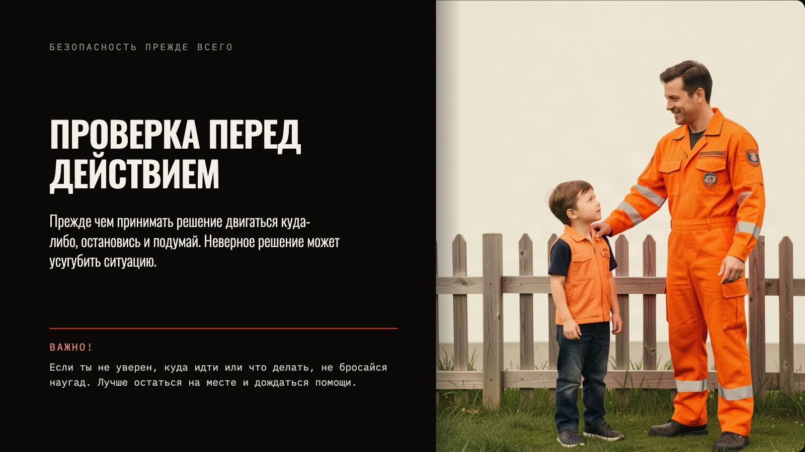 Спасатель в оранжевой форме разговаривает с мальчиком у забора