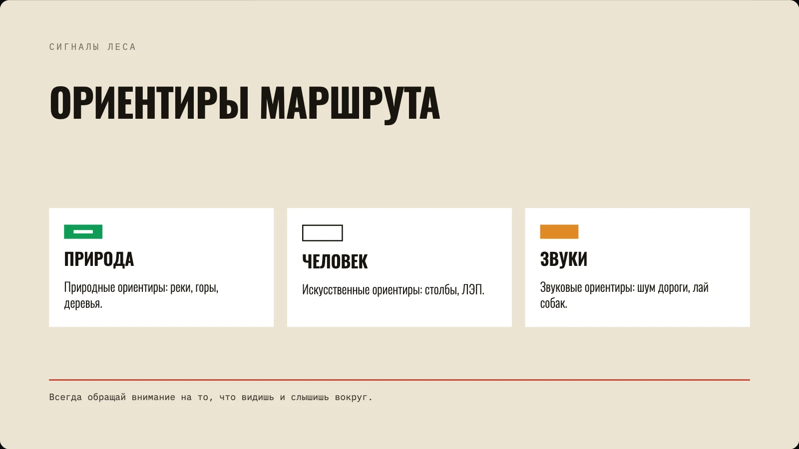 Ориентиры маршрута: природные, созданные человеком и звуковые