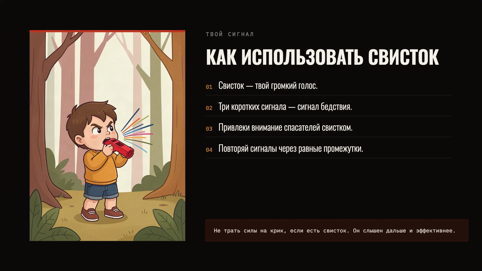 Мальчик в лесу подаёт сигнал свистком