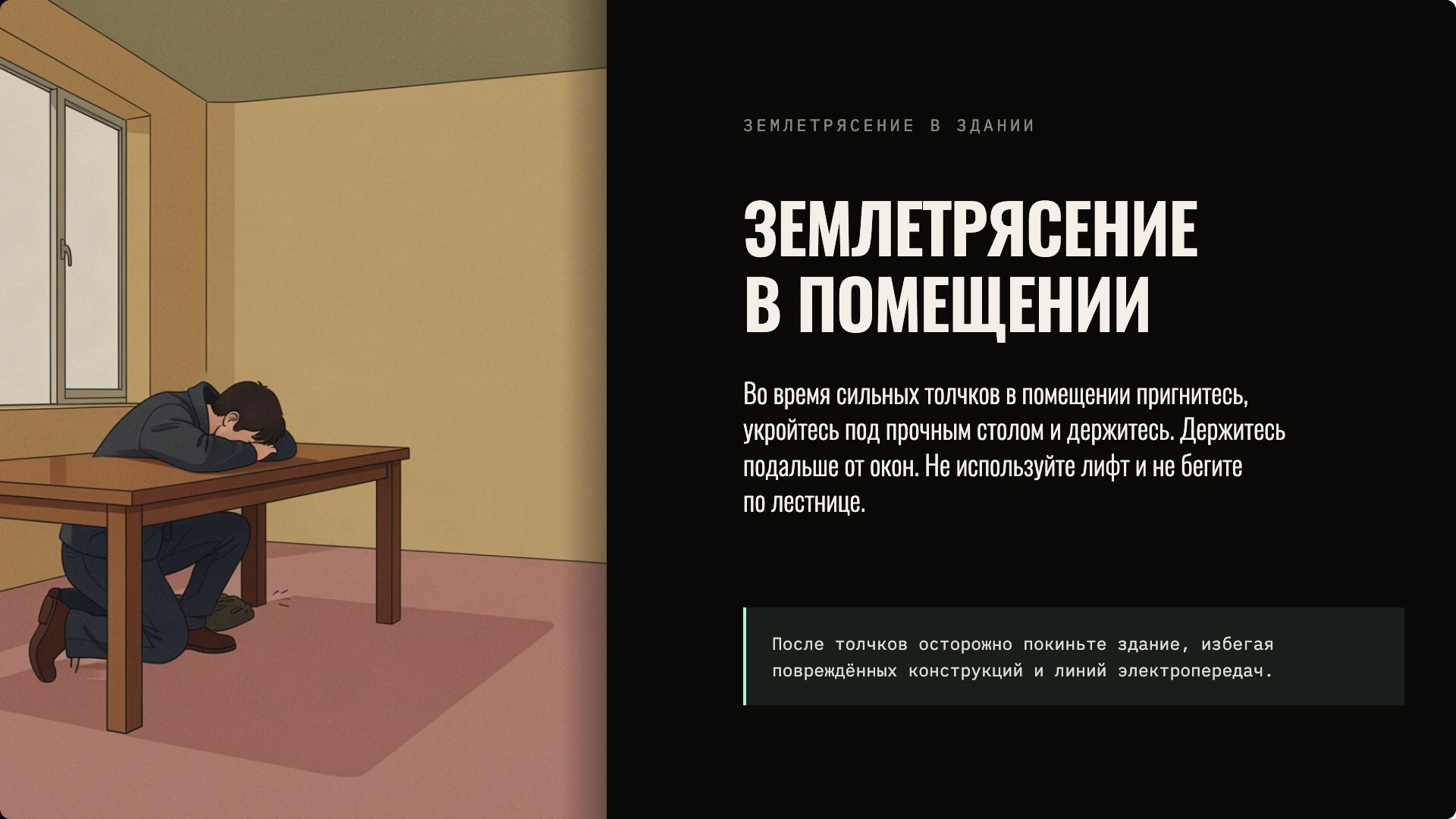 Слайд 7 «Землетрясение в помещении» из презентации «Действия при стихийных бедствиях».