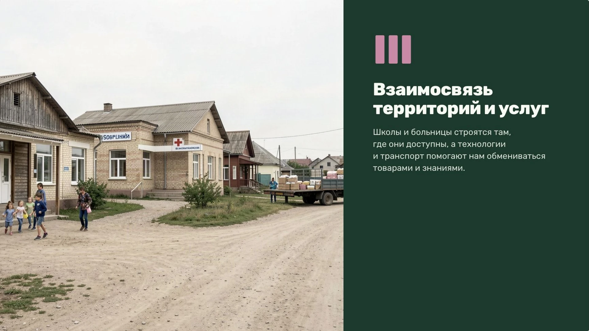 Слайд 8 «Взаимосвязь территорий и услуг» из презентации «Город и село».