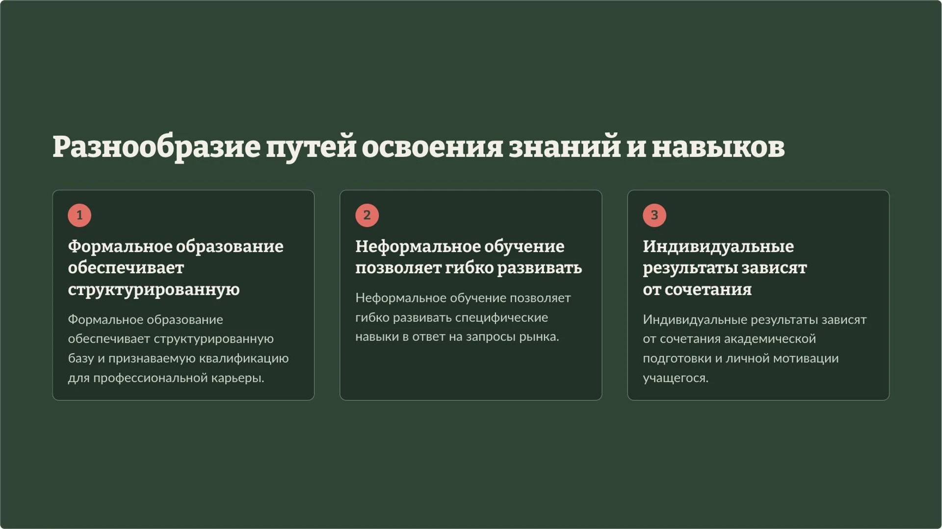 Слайд 6 «Разнообразие путей освоения знаний и навыков» из презентации «Образование: знания, навыки и роль в обществе».
