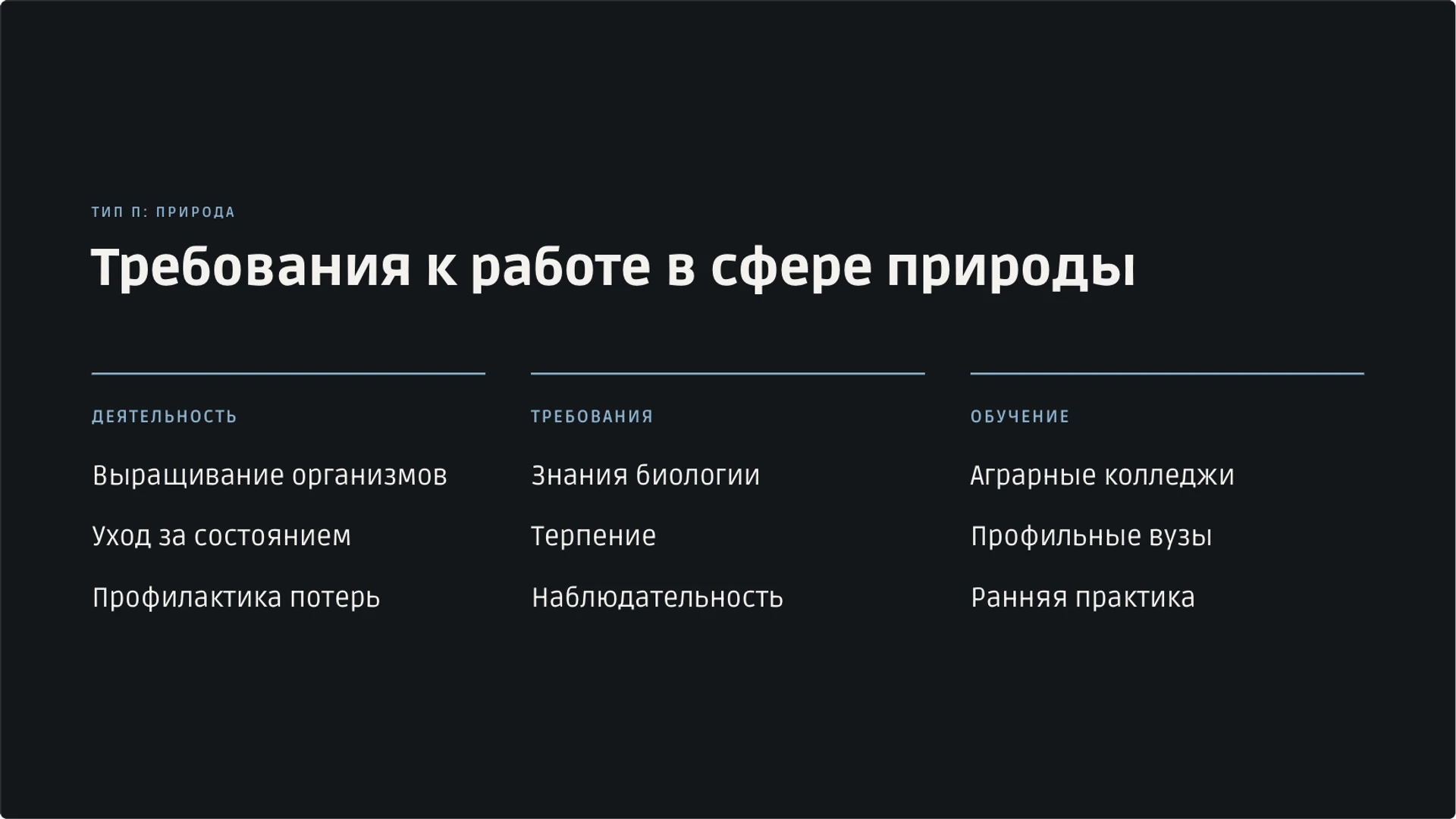 Слайд 8 «Требования к работе в сфере природы» из презентации «Мир профессий: классификация и выбор пути».