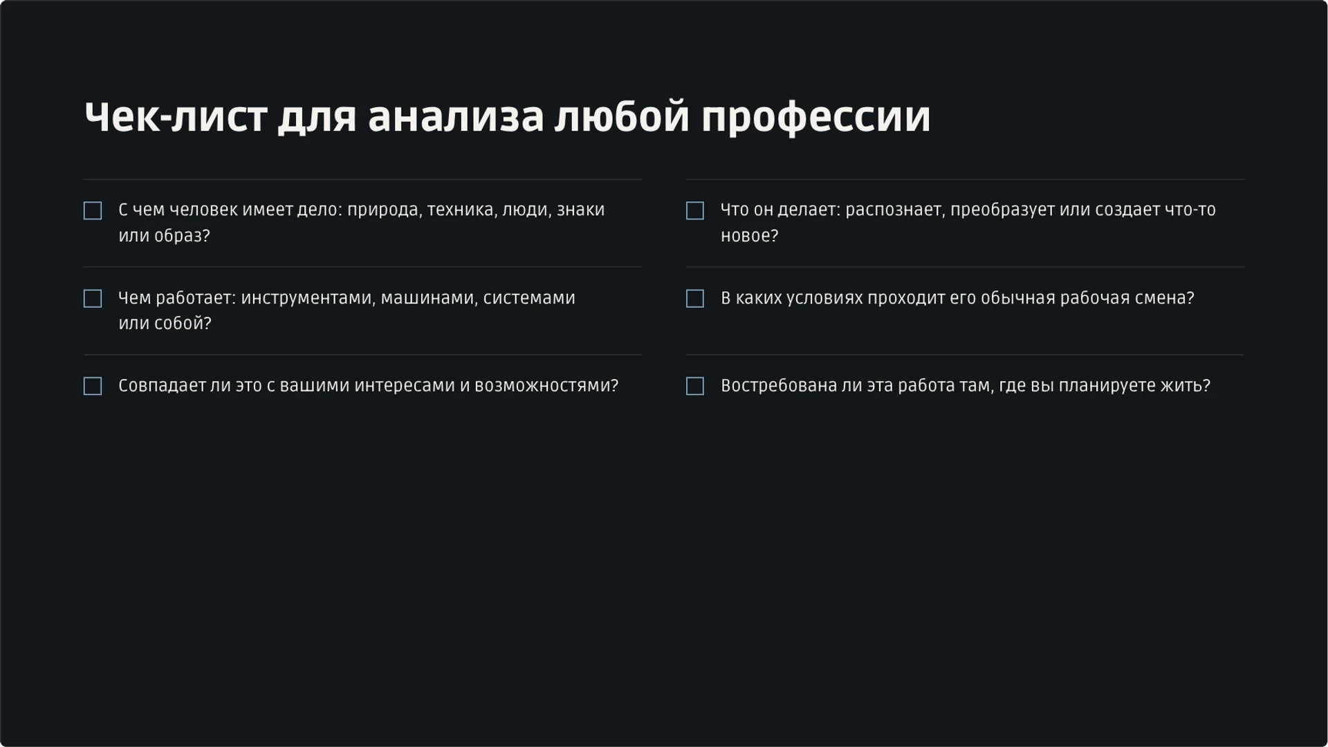 Слайд 29 «Чек-лист для анализа любой профессии» из презентации «Мир профессий: классификация и выбор пути».
