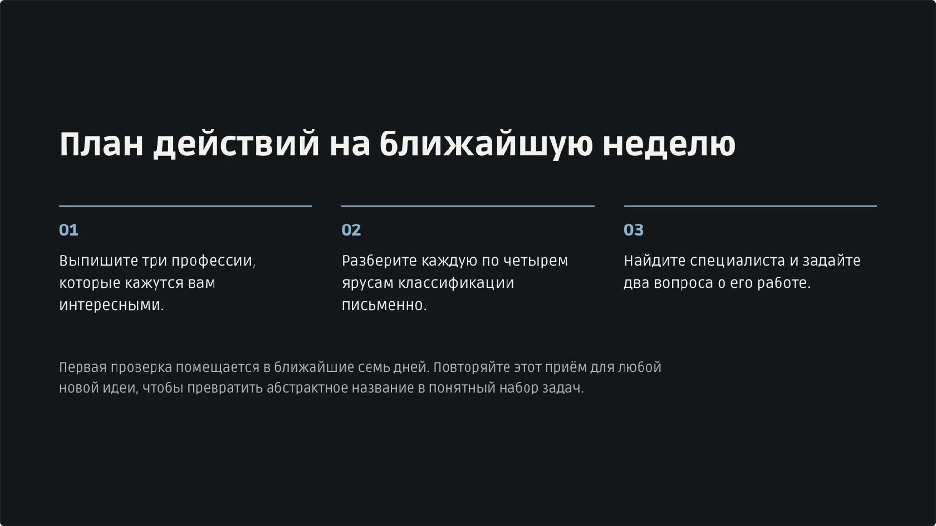 Слайд 30 «План действий на ближайшую неделю» из презентации «Мир профессий: классификация и выбор пути».