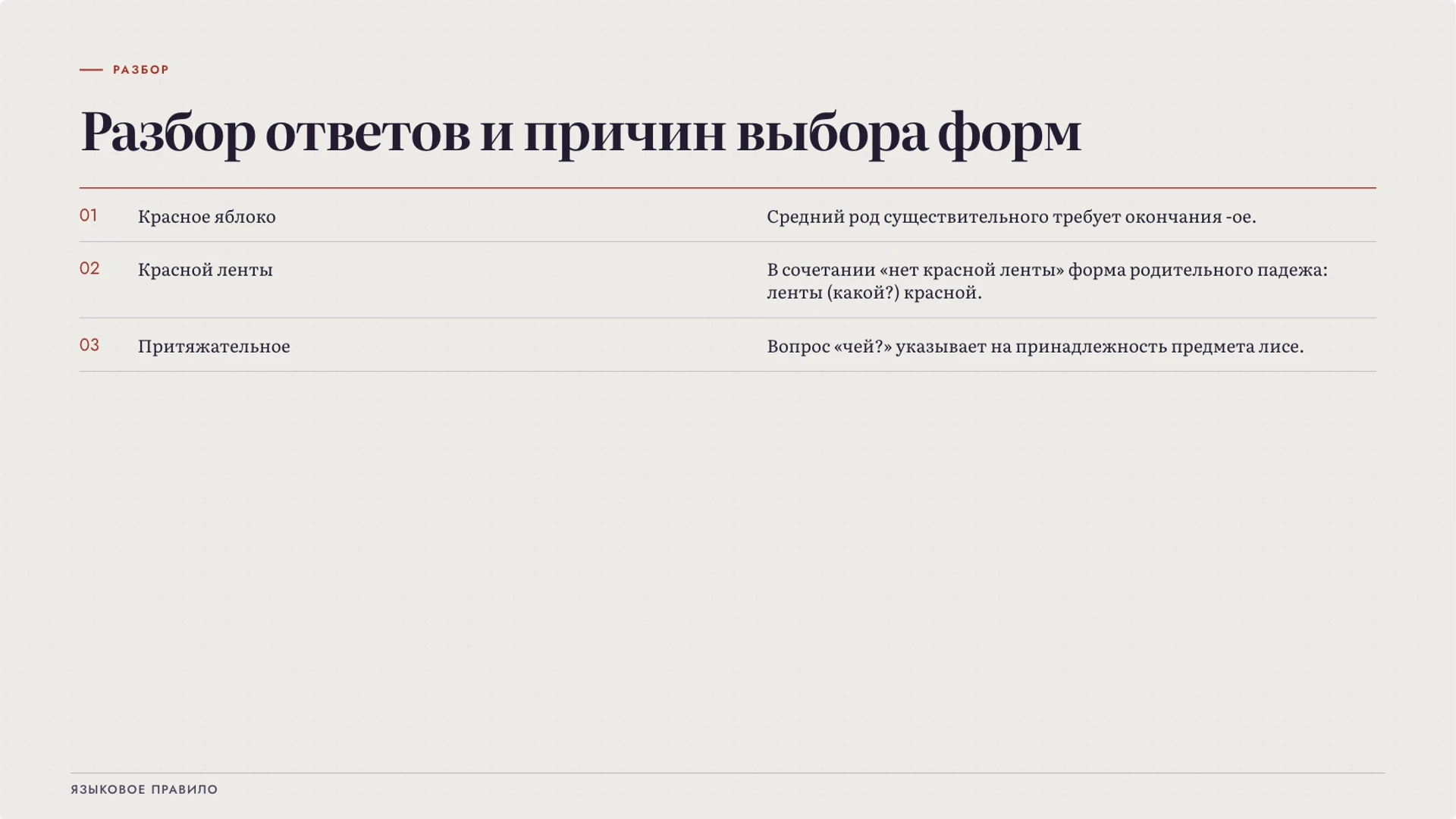 Слайд 9 «Разбор ответов и причин выбора форм» из презентации «Имя прилагательное: значение и согласование».