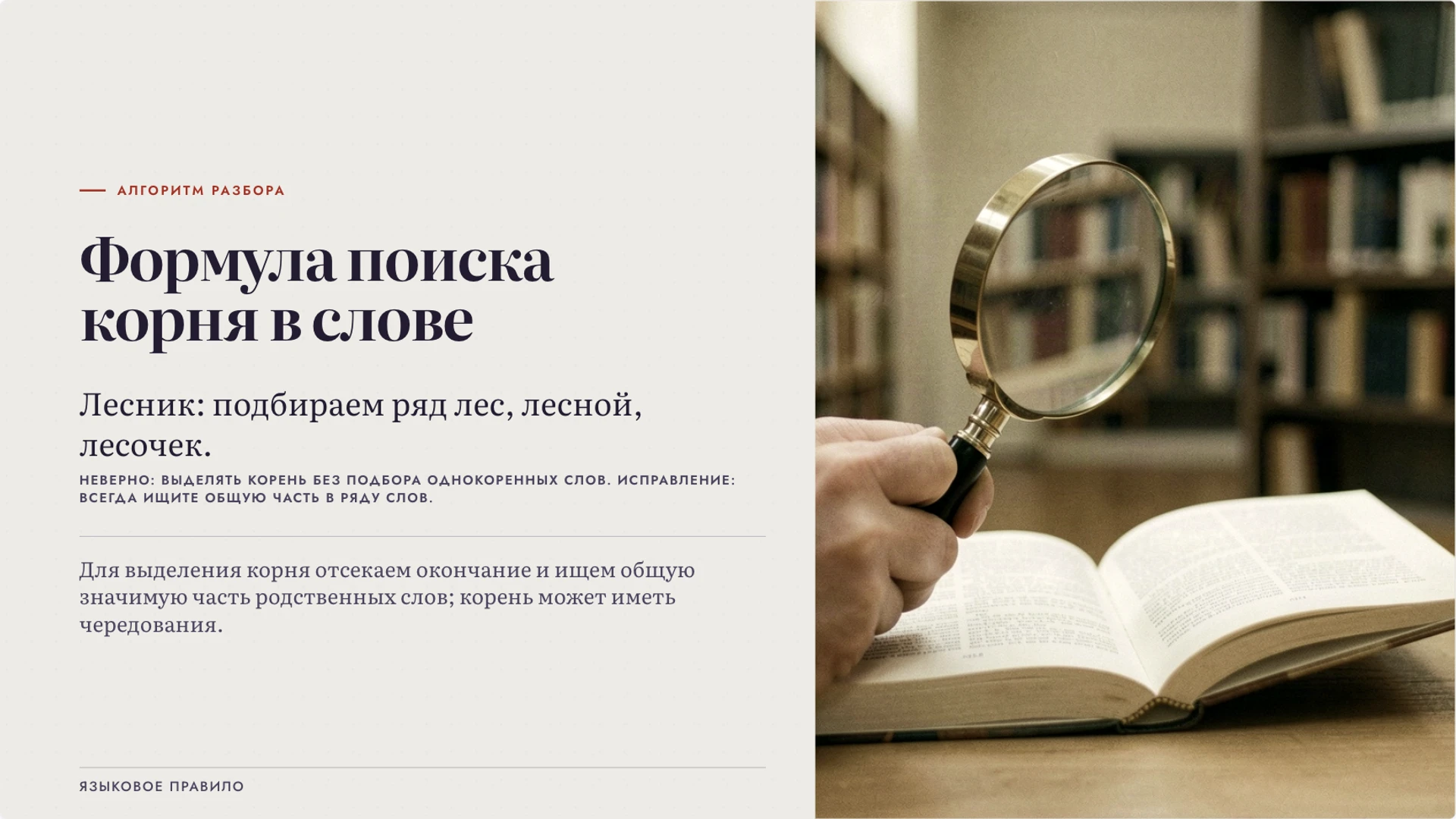 Слайд 4 «Формула поиска корня в слове» из презентации «Корень слова: родственные слова и значение».