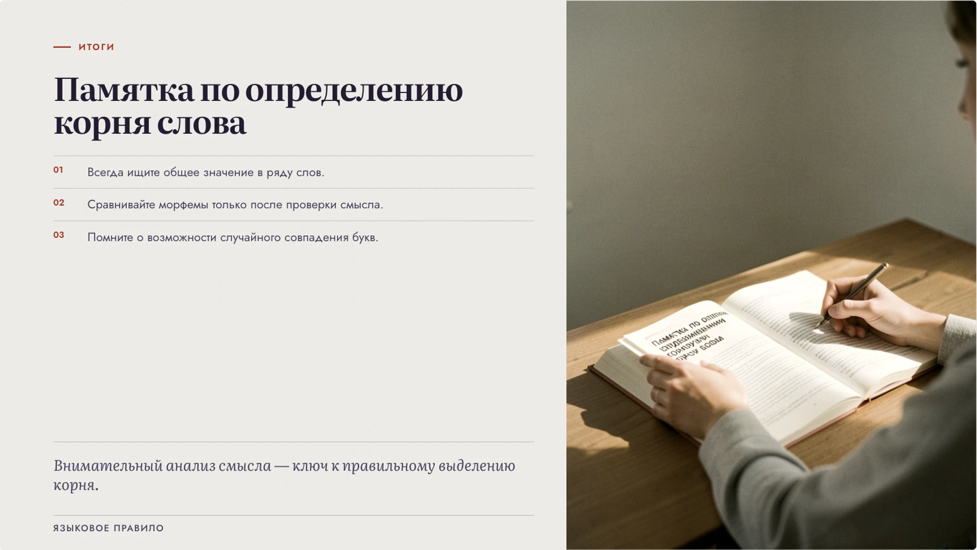 Слайд 10 «Памятка по определению корня слова» из презентации «Корень слова: родственные слова и значение».
