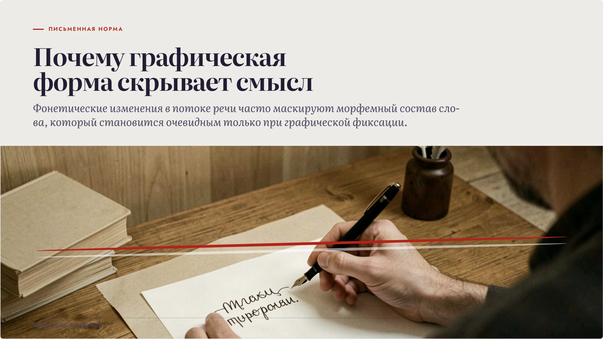 Слайд 2 «Почему графическая форма скрывает смысл» из презентации «Лингвистика: как наука изучает язык».