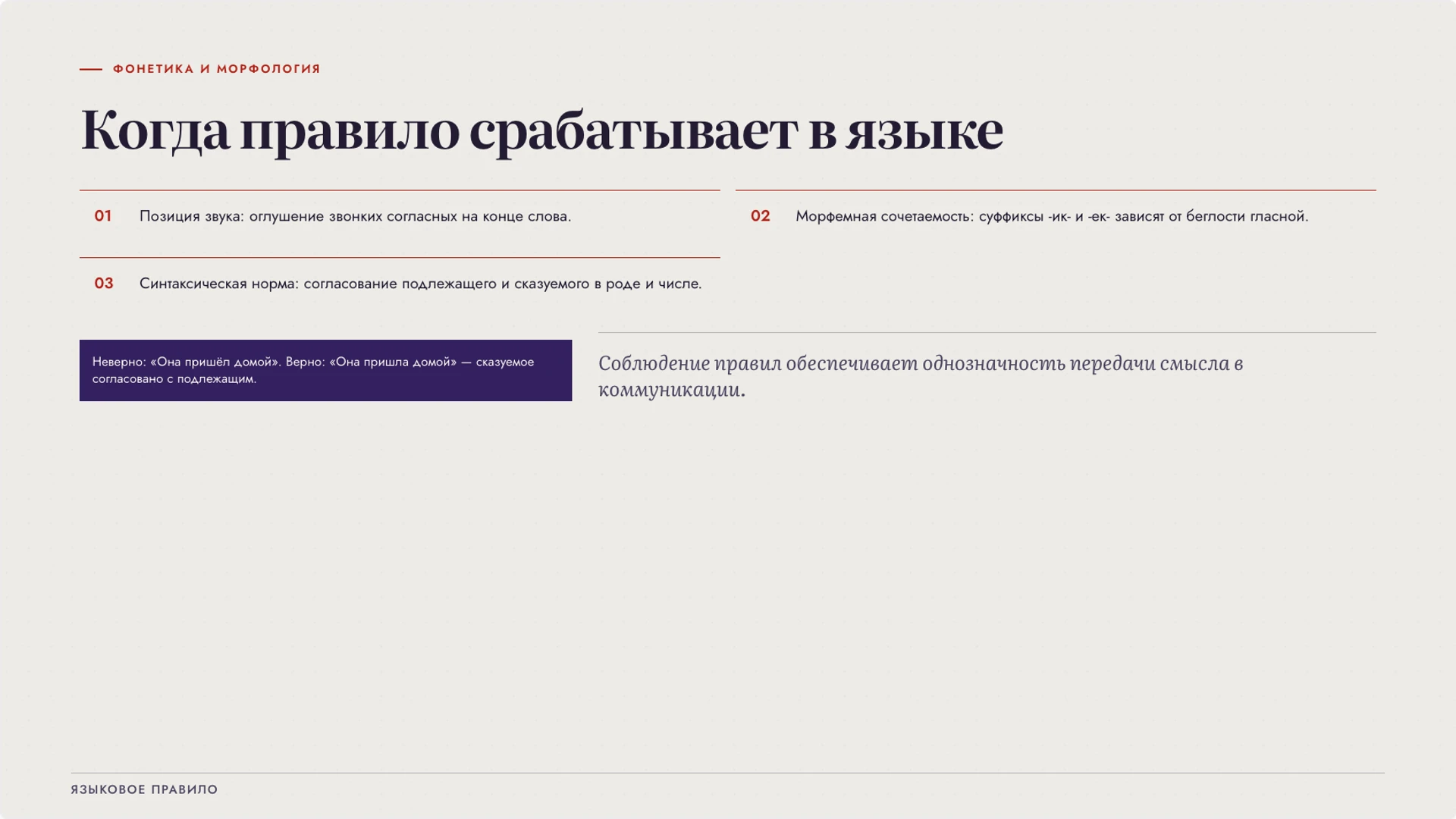 Слайд 6 «Когда правило срабатывает в языке» из презентации «Лингвистика: как наука изучает язык».
