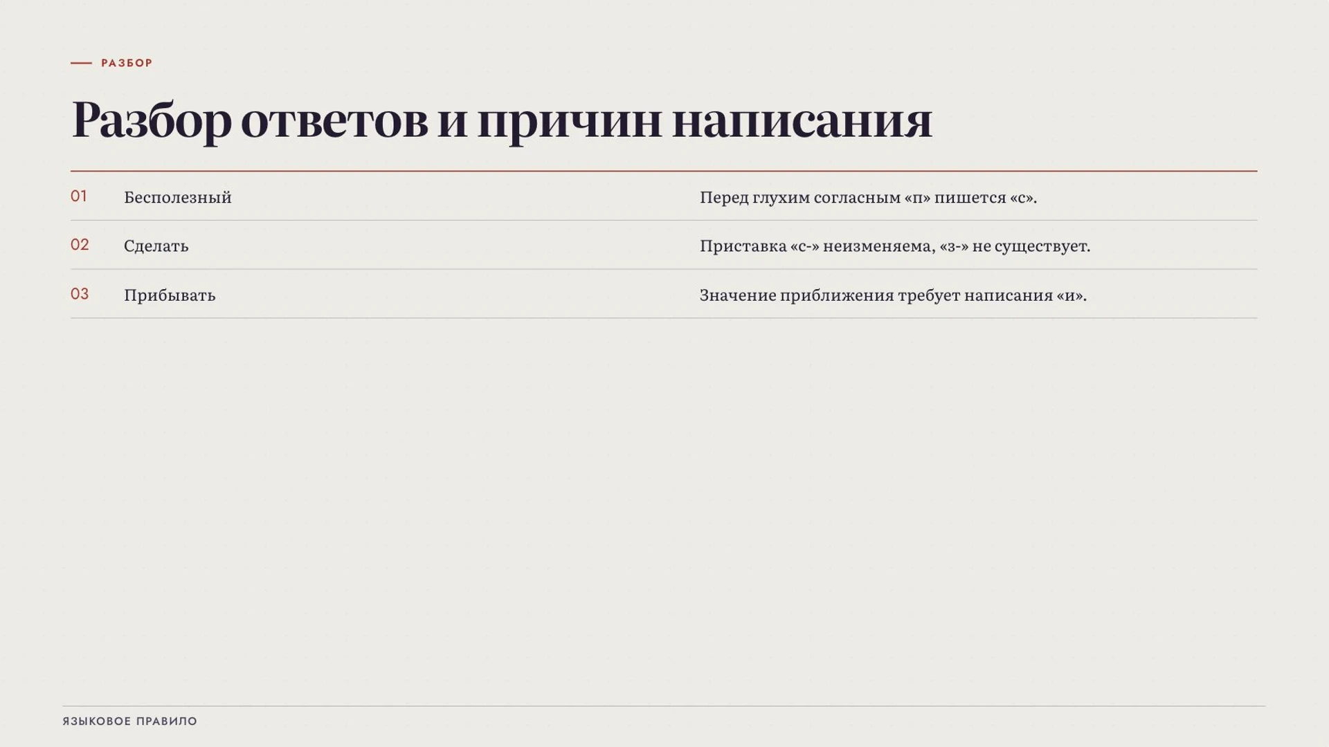 Слайд 9 «Разбор ответов и причин написания» из презентации «Правописание приставок».