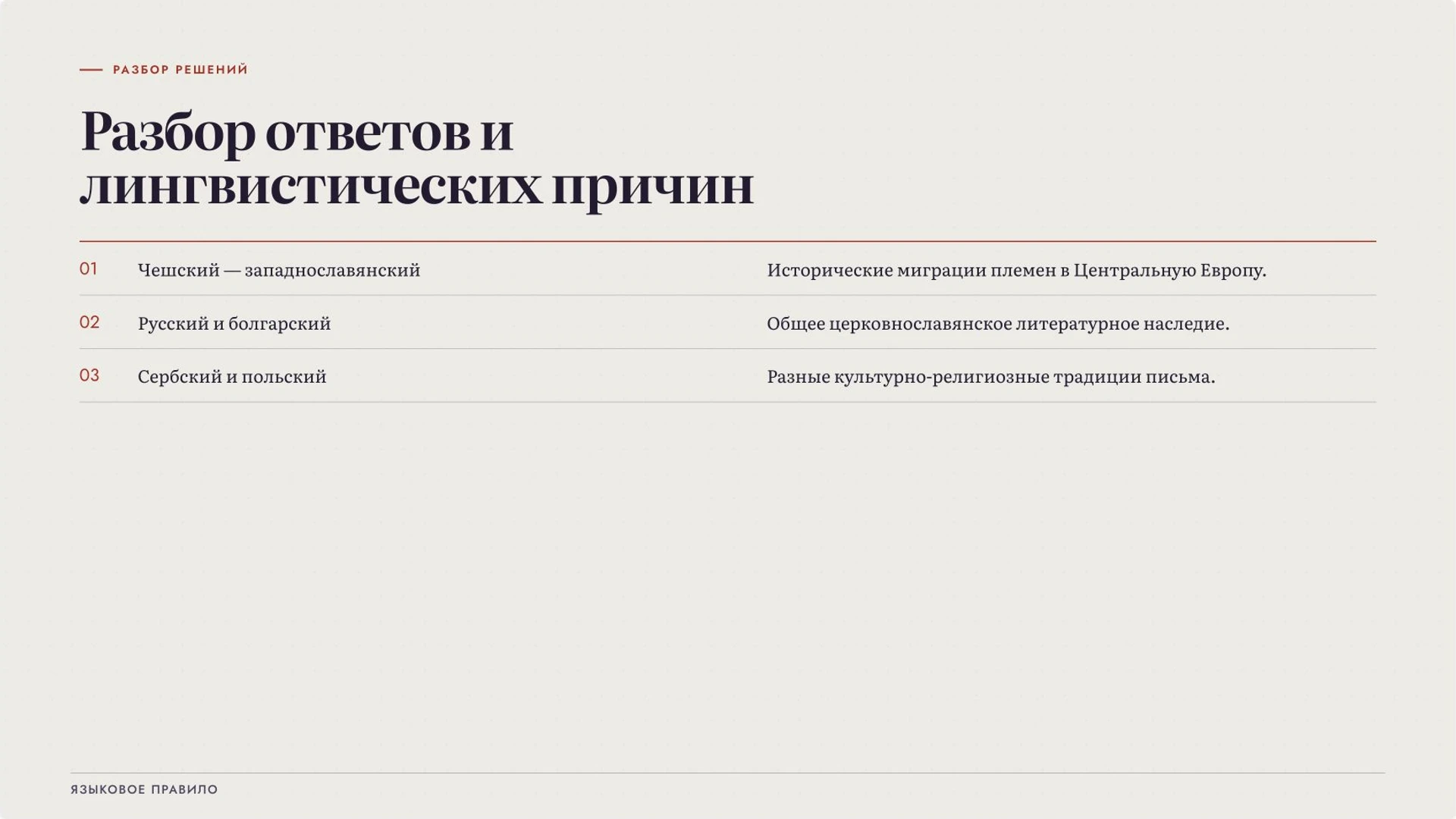 Слайд 9 «Разбор ответов и лингвистических причин» из презентации «Славянские языки: родство, группы и различия».