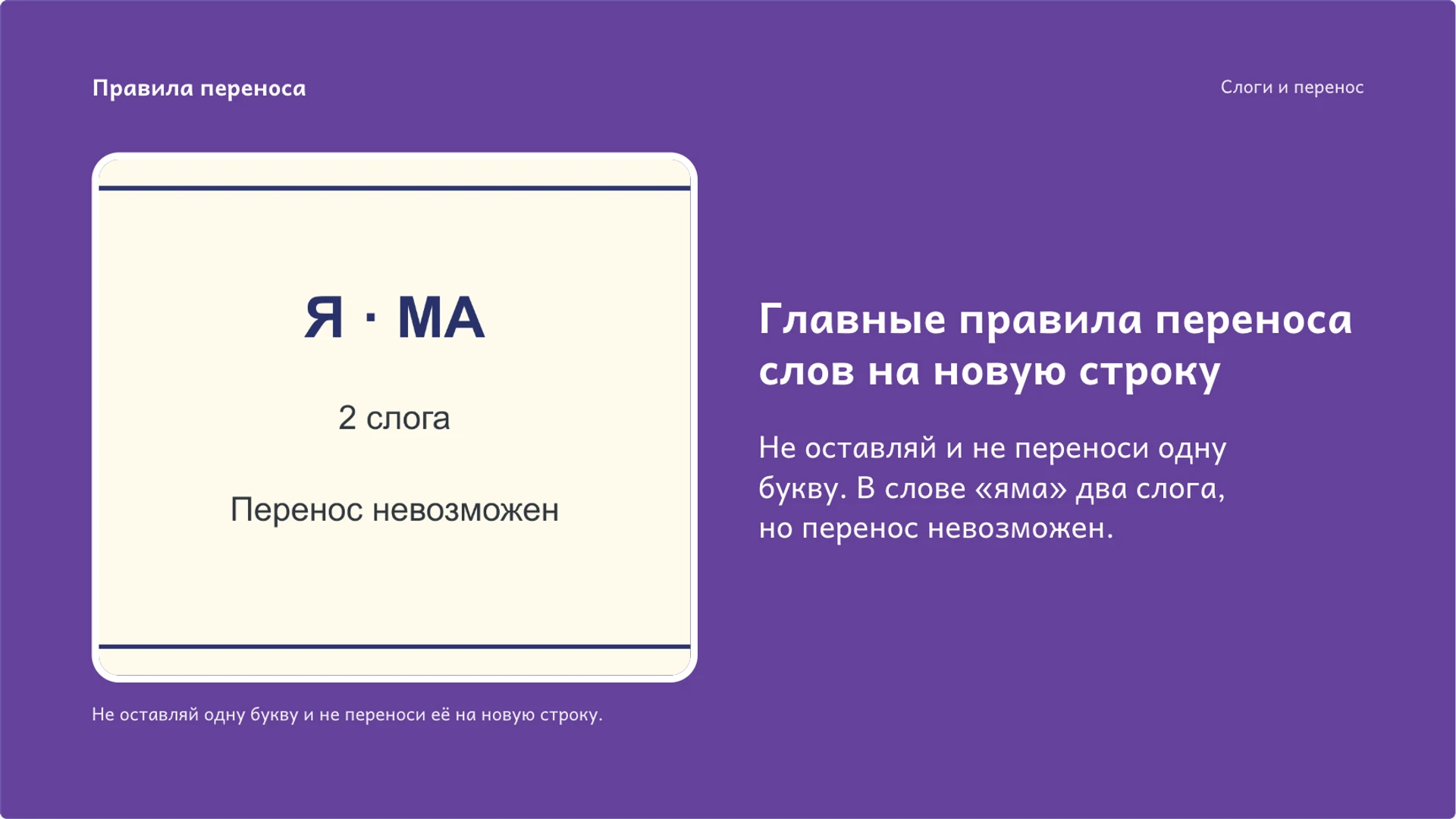 Слайд 8 «Главные правила переноса слов на новую строку» из презентации «Слоги: деление слов и перенос».