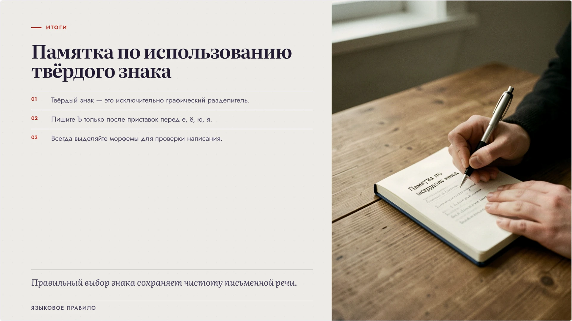Слайд 10 «Памятка по использованию твёрдого знака» из презентации «Твёрдый знак: разделительная функция».
