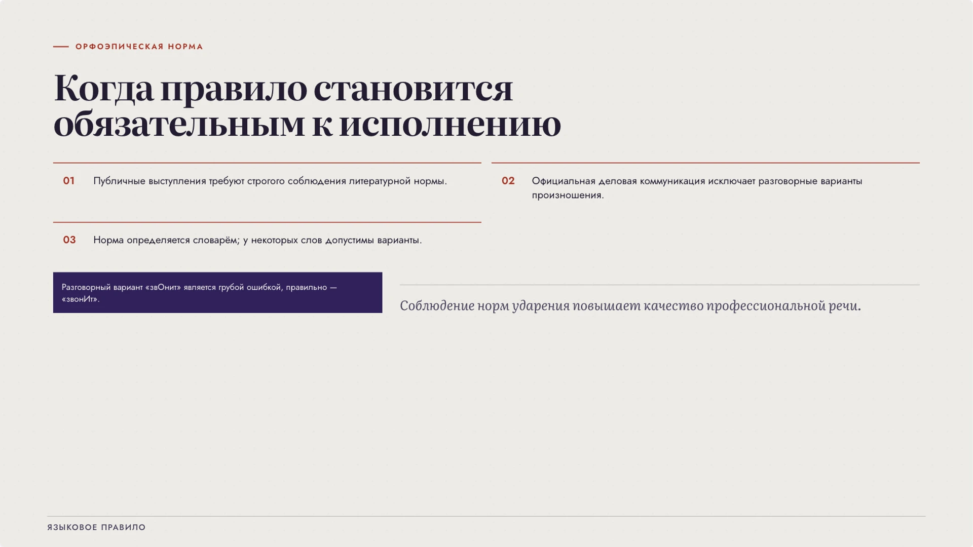 Слайд 6 «Когда правило становится обязательным к исполнению» из презентации «Ударение: смысл, произношение и словарная норма».
