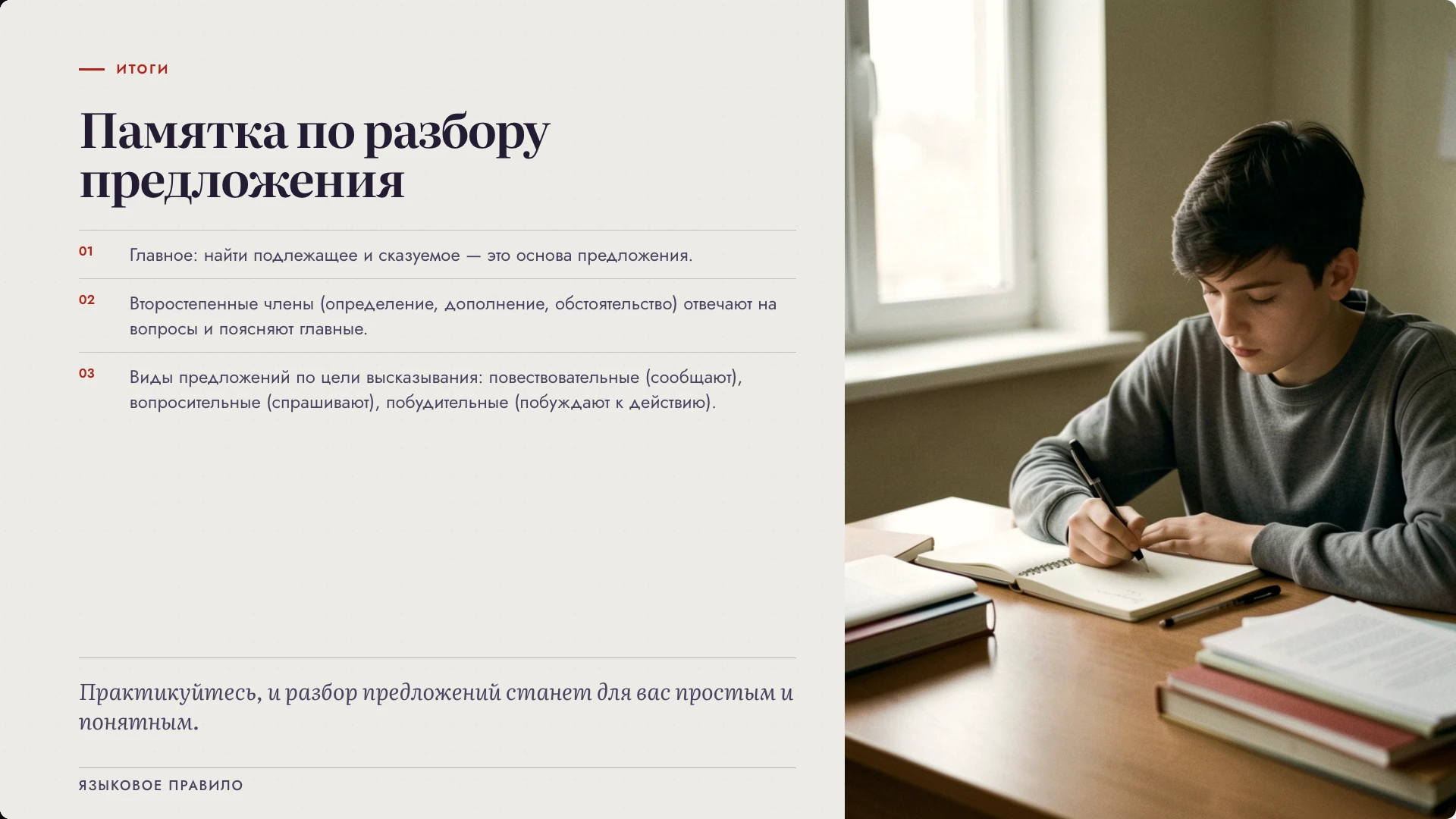 Слайд 10 «Памятка по разбору предложения» из презентации «Виды предложений».