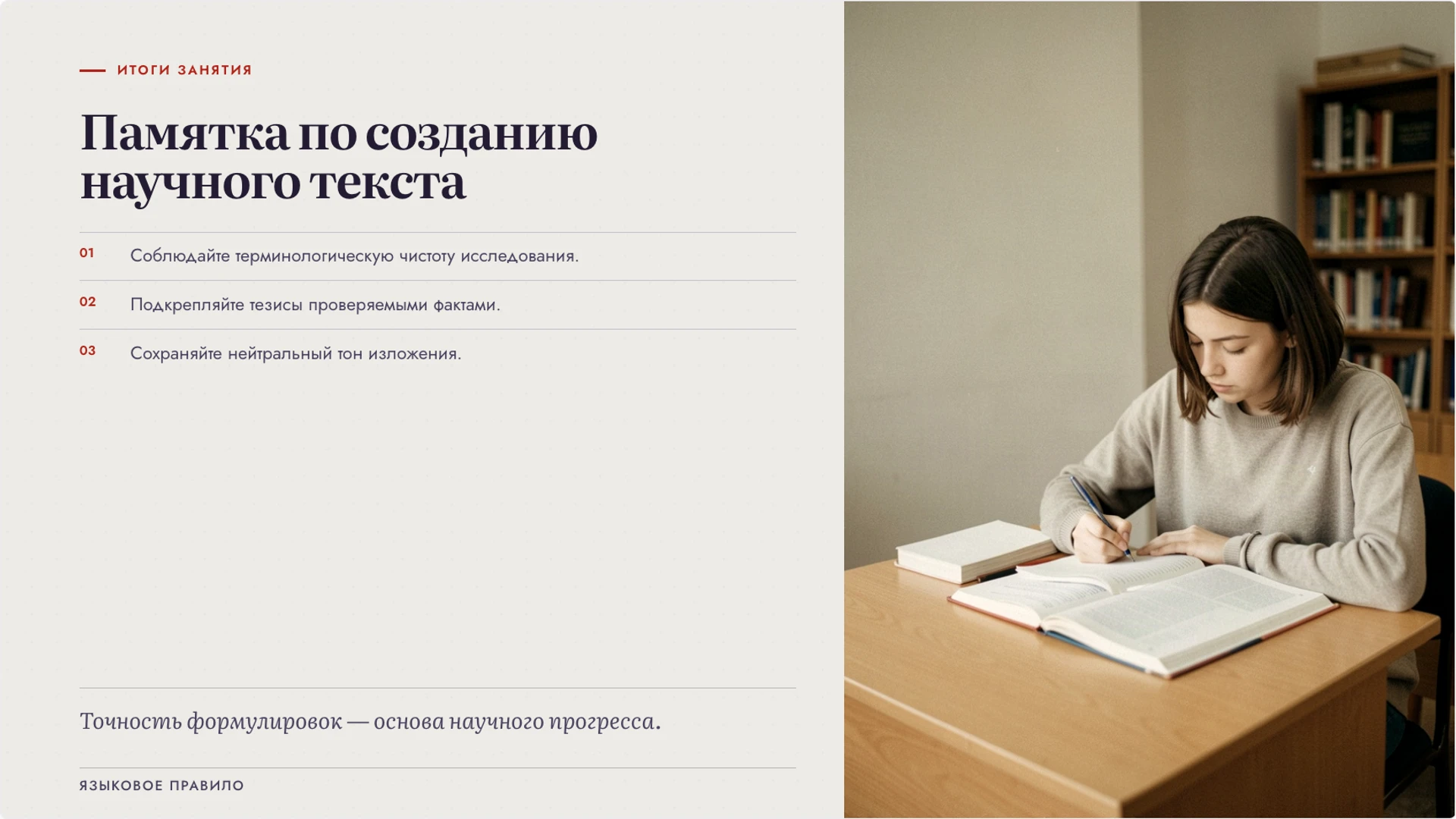 Слайд 10 «Памятка по созданию научного текста» из презентации «Язык науки: термины, точность и доказательство».